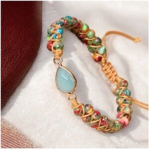 Natural Rainbow Jasper Beaded Bracelet With Water Drop Adjustable Bracel…
